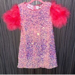 Lola + The Boys Pink Sequin Dress with Hot Pink Feather Sleeves